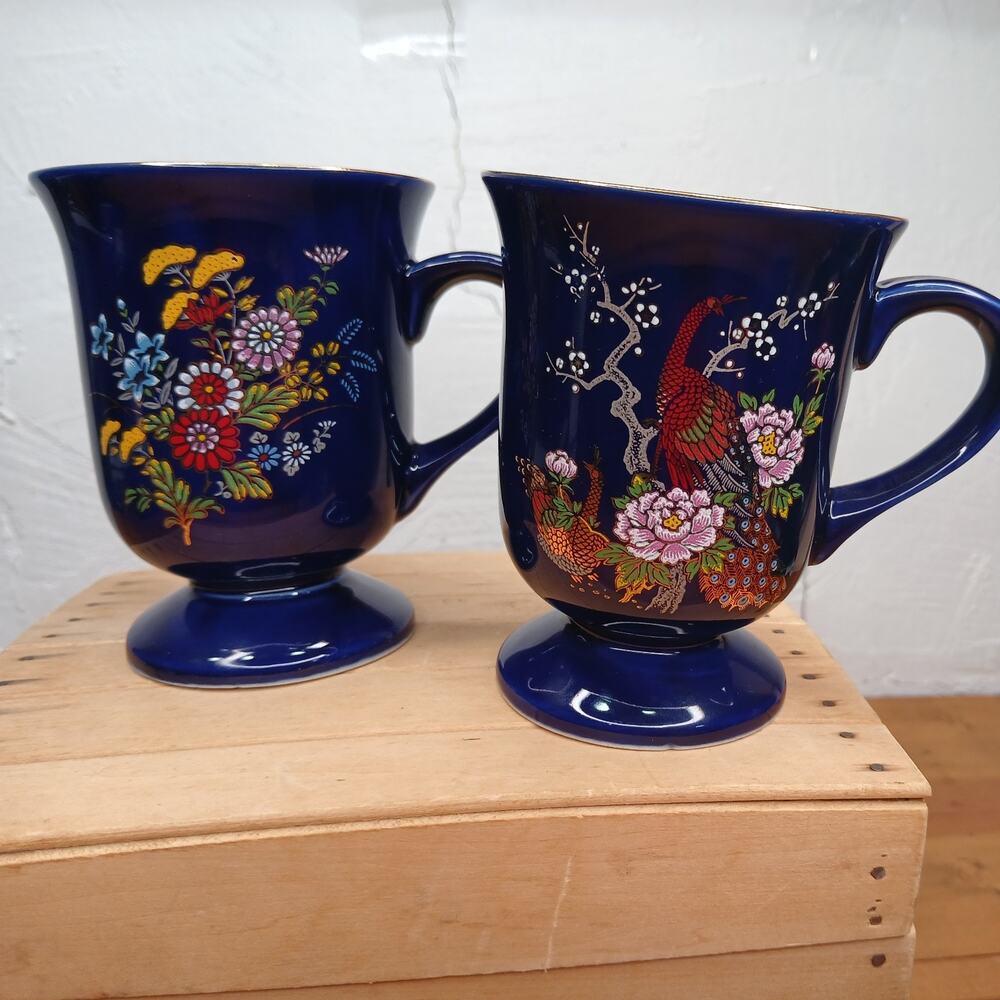 2 YChina Japan Coffee Mugs Cobalt Blue Floral peacock Footed Pedestal #21